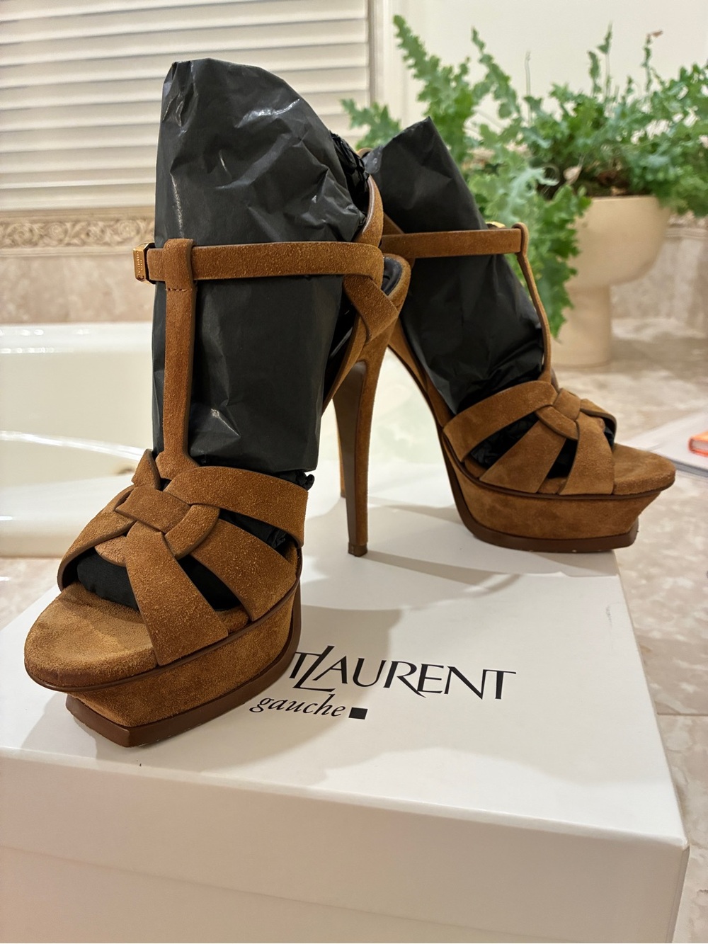 Saint Laurent Tan Suede T-Strap Platform Heels - Tribute